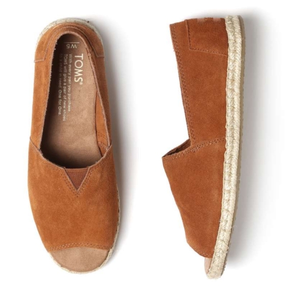Toms Suede Alpargata Peep Toe Flat Shoe Women’s Brown Leather Boho Sandal - Picture 1 of 10